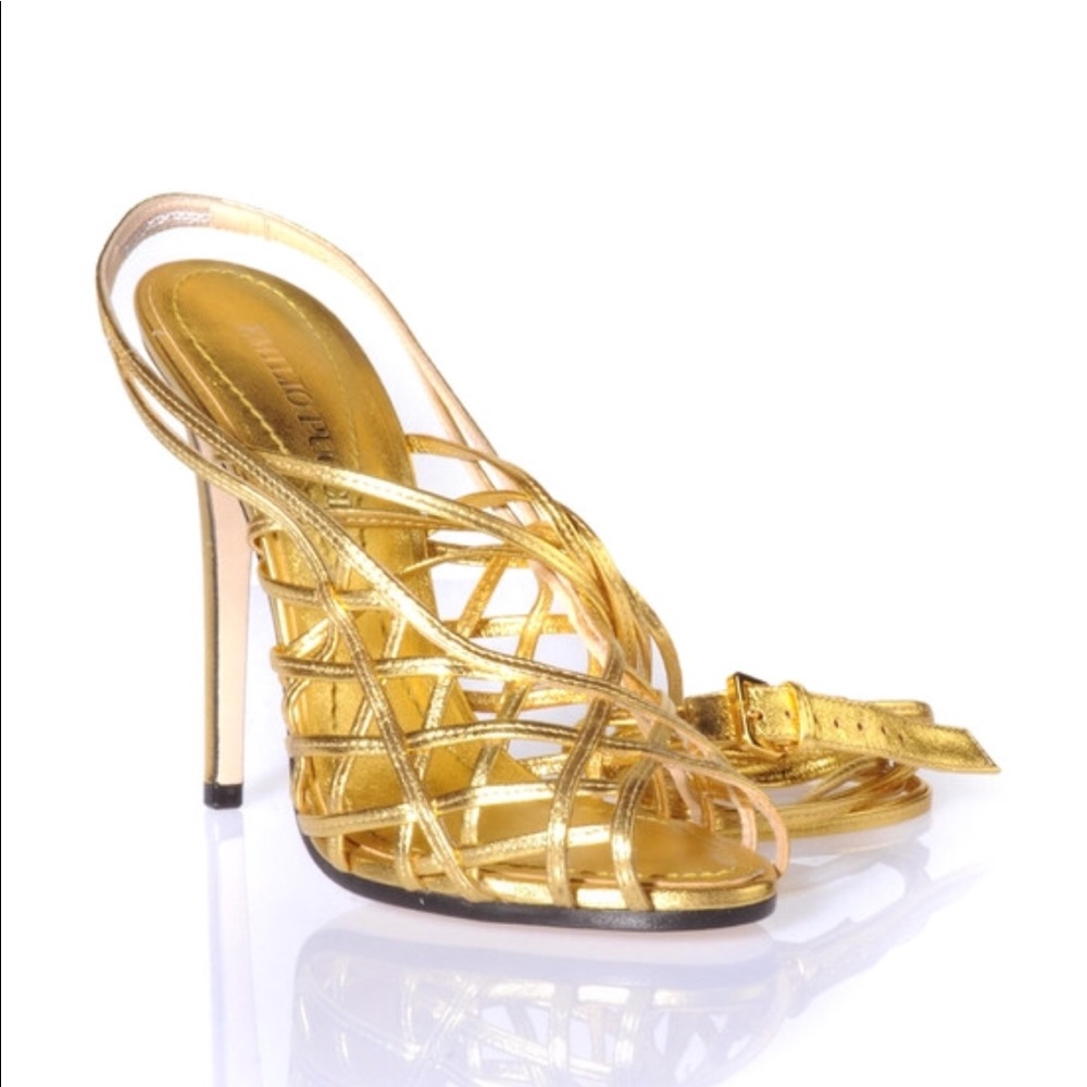 Laminated Leather Cage Sandals In Metallic
